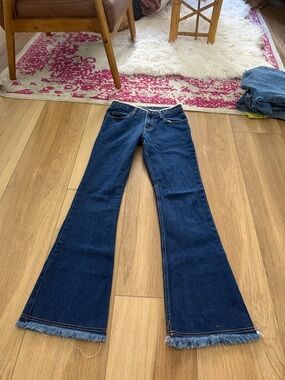 LEI Women's Dark Blue Flared Jeans with Frayed Hem